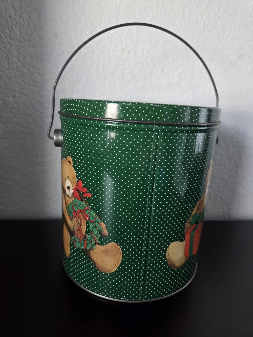 Vintage Holiday Christmas Bear JOY Storage Tin With Handle Green Red Home Decor